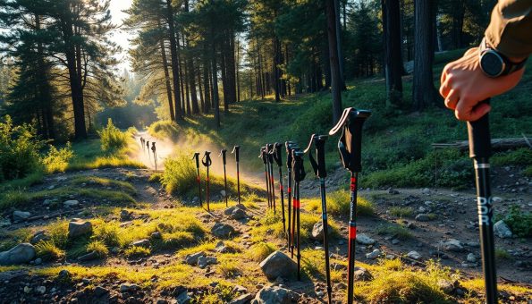 A vast, rugged field of trekking poles being rigorously tested under natural lighting. The poles, crafted from gleaming carbon fiber, are gripped by the weathered hands of experienced hikers traversing the uneven terrain. Sunlight filters through the canopy of towering trees, casting a warm, golden glow over the scene. Dust motes swirl through the air, adding a sense of movement and dynamism. In the background, a winding trail snakes through the lush, verdant undergrowth, hinting at the challenges and adventures that lie ahead for these intrepid explorers. A vast, rugged field of trekking poles being rigorously tested under natural lighting. The poles, crafted from gleaming carbon fiber, are gripped by the weathered hands of experienced hikers traversing the uneven terrain. Sunlight filters through the canopy of towering trees, casting a warm, golden glow over the scene. Dust motes swirl through the air, adding a sense of movement and dynamism. In the background, a winding trail snakes through the lush, verdant undergrowth, hinting at the challenges and adventures that lie ahead for these intrepid explorers.