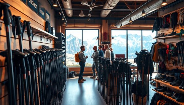 A well-equipped outdoor gear supplier showroom with an inviting and adventurous atmosphere. In the foreground, an array of high-quality carbon fiber trekking poles displayed on wooden shelves, their sleek design and durable construction evident. In the middle ground, a group of adventurers engage with knowledgeable sales staff, discussing the features and benefits of the gear. The background showcases a panoramic view of a rugged, mountainous landscape through large windows, evoking a sense of the outdoors and the potential adventures that await. The lighting is warm and natural, creating a welcoming ambiance. The overall scene conveys the supplier's expertise, product quality, and commitment to enabling outdoor enthusiasts to embark on their next expedition. A well-equipped outdoor gear supplier showroom with an inviting and adventurous atmosphere. In the foreground, an array of high-quality carbon fiber trekking poles displayed on wooden shelves, their sleek design and durable construction evident. In the middle ground, a group of adventurers engage with knowledgeable sales staff, discussing the features and benefits of the gear. The background showcases a panoramic view of a rugged, mountainous landscape through large windows, evoking a sense of the outdoors and the potential adventures that await. The lighting is warm and natural, creating a welcoming ambiance. The overall scene conveys the supplier's expertise, product quality, and commitment to enabling outdoor enthusiasts to embark on their next expedition.