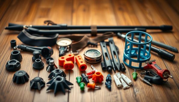 A well-lit, close-up photograph of an assortment of trekking pole accessories laid out on a wooden surface. In the foreground, a selection of rubber tips, spike tips, and interchangeable baskets in various colors and sizes. In the middle ground, a trekking pole strap, compass, and multi-tool. In the background, a pair of high-quality carbon fiber trekking poles. The lighting is warm and natural, highlighting the textures and details of the accessories. The overall mood is one of functionality, quality, and outdoor adventure. A well-lit, close-up photograph of an assortment of trekking pole accessories laid out on a wooden surface. In the foreground, a selection of rubber tips, spike tips, and interchangeable baskets in various colors and sizes. In the middle ground, a trekking pole strap, compass, and multi-tool. In the background, a pair of high-quality carbon fiber trekking poles. The lighting is warm and natural, highlighting the textures and details of the accessories. The overall mood is one of functionality, quality, and outdoor adventure.