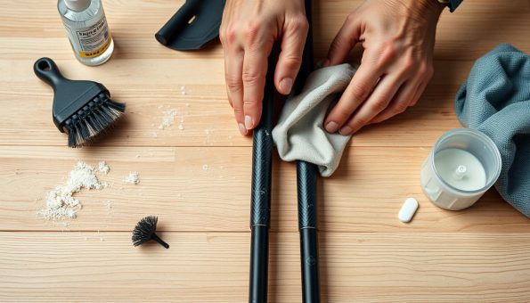 A well-lit close-up scene of a person's hands meticulously cleaning a pair of carbon fiber trekking poles. The poles are laid out on a clean, wooden surface, with various cleaning tools such as a soft-bristle brush, a microfiber cloth, and a mild detergent solution nearby. The person's hands are carefully wiping down the poles, removing any dirt, debris, or smudges, ensuring the poles are spotless and ready for their next outdoor adventure. The lighting is soft and even, highlighting the intricate details of the carbon fiber material and the cleaning process. The overall mood is one of diligence and care, reflecting the importance of maintaining high-quality trekking equipment.