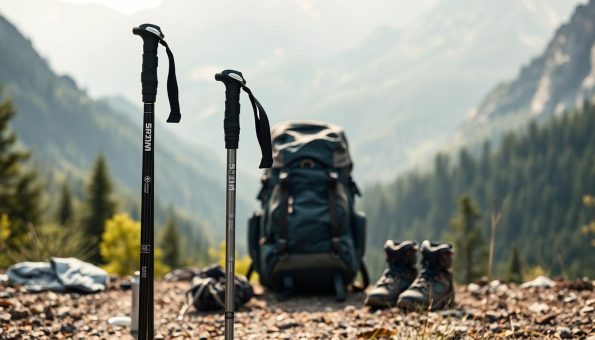 A well-lit outdoor scene showcasing a selection of high-quality trekking poles. In the foreground, two pairs of carbon fiber poles in contrasting colors - one black, one silver - stand upright, their sturdy construction and adjustable features clearly visible. In the middle ground, a hiker's backpack and hiking boots are arranged, suggesting the context of an adventurous trek. The background features a scenic mountain landscape, with rugged peaks and lush, verdant forests, bathed in soft, diffused natural lighting that creates a sense of tranquility and exploration. The overall composition conveys the durability, versatility, and essential role of trekking poles in navigating challenging outdoor terrains. A well-lit outdoor scene showcasing a selection of high-quality trekking poles. In the foreground, two pairs of carbon fiber poles in contrasting colors - one black, one silver - stand upright, their sturdy construction and adjustable features clearly visible. In the middle ground, a hiker's backpack and hiking boots are arranged, suggesting the context of an adventurous trek. The background features a scenic mountain landscape, with rugged peaks and lush, verdant forests, bathed in soft, diffused natural lighting that creates a sense of tranquility and exploration. The overall composition conveys the durability, versatility, and essential role of trekking poles in navigating challenging outdoor terrains.
