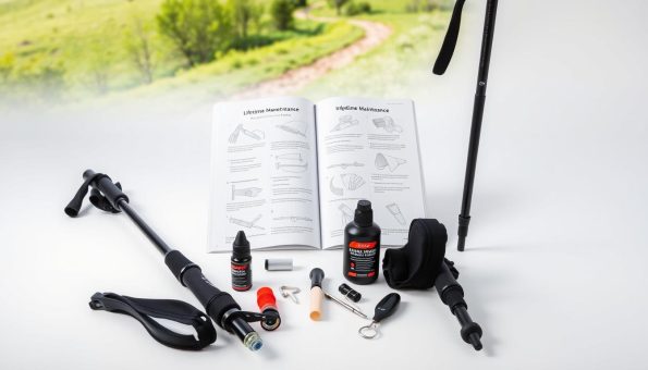 A well-lit studio scene showcasing a comprehensive guide to lifetime maintenance for high-quality carbon fiber hiking poles. In the foreground, a pair of trekking poles are disassembled, with various cleaning tools and lubricants arranged neatly around them. The middle ground features an open instruction manual, its pages detailing step-by-step maintenance procedures. In the background, a serene outdoor landscape with lush greenery and a winding trail sets the context. Soft, directional lighting illuminates the scene, highlighting the intricate details of the poles and accessories. The overall mood is one of informative clarity, empowering hikers to properly care for their essential gear. A well-lit studio scene showcasing a comprehensive guide to lifetime maintenance for high-quality carbon fiber hiking poles. In the foreground, a pair of trekking poles are disassembled, with various cleaning tools and lubricants arranged neatly around them. The middle ground features an open instruction manual, its pages detailing step-by-step maintenance procedures. In the background, a serene outdoor landscape with lush greenery and a winding trail sets the context. Soft, directional lighting illuminates the scene, highlighting the intricate details of the poles and accessories. The overall mood is one of informative clarity, empowering hikers to properly care for their essential gear.