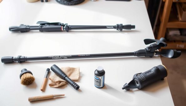 A well-lit workshop table showcases a pair of FiTiFT3K carbon fiber trekking poles. Close-up shots highlight the pole's construction, with detailed views of the locking mechanisms, interchangeable tips, and adjustable length features. In the foreground, maintenance tools like brush, cloth, and lubricant are neatly arranged, suggesting a step-by-step guide on proper pole care and upkeep. The neutral-toned setting and natural lighting create a calm, informative atmosphere, ideal for illustrating the "User Experiences, Maintenance Tips, and Replacement Parts" section of the article. A well-lit workshop table showcases a pair of FiTiFT3K carbon fiber trekking poles. Close-up shots highlight the pole's construction, with detailed views of the locking mechanisms, interchangeable tips, and adjustable length features. In the foreground, maintenance tools like brush, cloth, and lubricant are neatly arranged, suggesting a step-by-step guide on proper pole care and upkeep. The neutral-toned setting and natural lighting create a calm, informative atmosphere, ideal for illustrating the "User Experiences, Maintenance Tips, and Replacement Parts" section of the article.