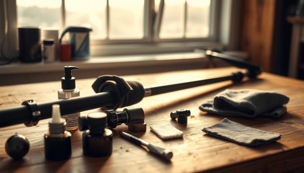 A well-maintained trekking pole rests on a wooden workbench, illuminated by soft, natural lighting. The pole's carbon fiber surface gleams, showcasing its durability. In the foreground, various cleaning tools, lubricants, and a polishing cloth are neatly arranged, hinting at the meticulous care required to keep the pole in top condition. The background features a window, allowing a glimpse of a serene outdoor scene, a reminder of the pole's intended purpose - to assist on long, arduous hikes. The overall mood conveys a sense of tranquility and attention to detail, reflecting the importance of proper maintenance for the long-term use of this essential hiking equipment. A well-maintained trekking pole rests on a wooden workbench, illuminated by soft, natural lighting. The pole's carbon fiber surface gleams, showcasing its durability. In the foreground, various cleaning tools, lubricants, and a polishing cloth are neatly arranged, hinting at the meticulous care required to keep the pole in top condition. The background features a window, allowing a glimpse of a serene outdoor scene, a reminder of the pole's intended purpose - to assist on long, arduous hikes. The overall mood conveys a sense of tranquility and attention to detail, reflecting the importance of proper maintenance for the long-term use of this essential hiking equipment.