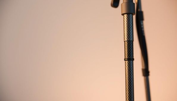 Adjustable carbon fiber trekking poles, their sleek grey bodies glistening under warm studio lighting. The poles stand upright, their adjustable length mechanisms visible, ready to be customized for any terrain. In the foreground, a crisp, high-resolution close-up showcases the intricate weave of the carbon fiber, its strength and durability evident. The background fades softly, highlighting the poles as the focal point. The overall mood is one of rugged reliability and outdoor adventure, perfectly suited to illustrate the benefits of these versatile hiking accessories. Adjustable carbon fiber trekking poles, their sleek grey bodies glistening under warm studio lighting. The poles stand upright, their adjustable length mechanisms visible, ready to be customized for any terrain. In the foreground, a crisp, high-resolution close-up showcases the intricate weave of the carbon fiber, its strength and durability evident. The background fades softly, highlighting the poles as the focal point. The overall mood is one of rugged reliability and outdoor adventure, perfectly suited to illustrate the benefits of these versatile hiking accessories.