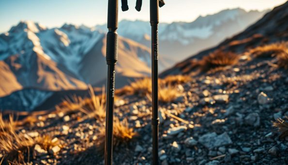 Adjustable trekking poles made of sleek carbon fiber, their telescopic segments locked in place, casting long shadows on a rugged mountain trail. Warm, natural lighting illuminates the textured grip and rubberized tips, ready to provide stability and support on uneven terrain. The poles are angled slightly, conveying a sense of motion and exploration. In the background, snow-capped peaks rise majestically, hinting at the adventurous journey ahead. The overall scene evokes a feeling of preparedness, capability, and the thrill of outdoor exploration. Adjustable trekking poles made of sleek carbon fiber, their telescopic segments locked in place, casting long shadows on a rugged mountain trail. Warm, natural lighting illuminates the textured grip and rubberized tips, ready to provide stability and support on uneven terrain. The poles are angled slightly, conveying a sense of motion and exploration. In the background, snow-capped peaks rise majestically, hinting at the adventurous journey ahead. The overall scene evokes a feeling of preparedness, capability, and the thrill of outdoor exploration.