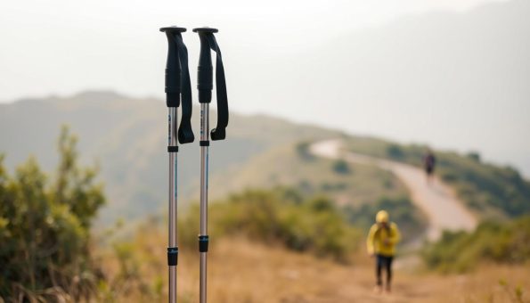 Aluminum trekking poles standing tall, their metallic sheen catching the soft, diffused light. In the foreground, the poles are presented in a clean, minimalist arrangement, showcasing their sturdy construction and functional design. The middle ground features a serene outdoor setting, with lush vegetation and a hint of a winding trail in the distance, hinting at the poles' intended use for adventurous treks. The background is subtly blurred, creating a sense of depth and focus on the main subject. The overall atmosphere conveys a balance of practicality and the tranquility of the great outdoors. Aluminum trekking poles standing tall, their metallic sheen catching the soft, diffused light. In the foreground, the poles are presented in a clean, minimalist arrangement, showcasing their sturdy construction and functional design. The middle ground features a serene outdoor setting, with lush vegetation and a hint of a winding trail in the distance, hinting at the poles' intended use for adventurous treks. The background is subtly blurred, creating a sense of depth and focus on the main subject. The overall atmosphere conveys a balance of practicality and the tranquility of the great outdoors.