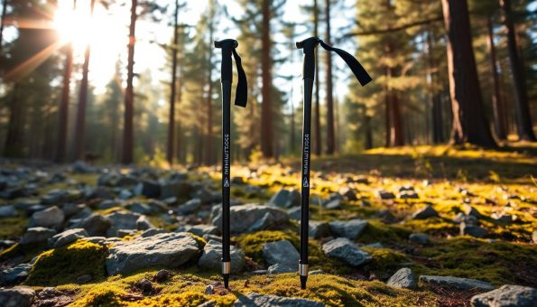 Cascade Mountain Tech quick lock carbon fiber trekking poles standing upright on a rocky, moss-covered forest floor. Warm afternoon sunlight filters through the canopy of tall pine trees, casting gentle shadows. The poles are sleek and modern, with a matte black finish and silver accents. The quick lock mechanism is prominently featured, showcasing the efficient adjustment capabilities. The overall scene conveys a sense of adventure, durability, and the outdoors lifestyle the poles are designed for. Cascade Mountain Tech quick lock carbon fiber trekking poles standing upright on a rocky, moss-covered forest floor. Warm afternoon sunlight filters through the canopy of tall pine trees, casting gentle shadows. The poles are sleek and modern, with a matte black finish and silver accents. The quick lock mechanism is prominently featured, showcasing the efficient adjustment capabilities. The overall scene conveys a sense of adventure, durability, and the outdoors lifestyle the poles are designed for.