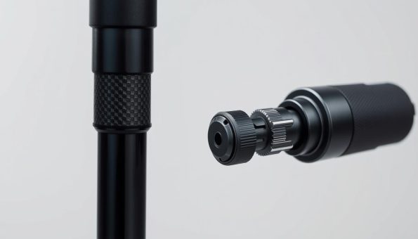 Close-up cross-section view of a high-quality 3k carbon fiber trekking pole, showcasing its internal construction details. The foreground focuses on the pole's core, revealing the intricate woven carbon fiber matrix, its sleek profile, and the smooth, matte black finish. The middle ground highlights the pole's locking mechanism, exposing the precision engineering and robust components that enable quick and secure adjustments. The background subtly fades to a neutral, softly-lit studio environment, emphasizing the technical nature of the design. Captured with a macro lens, the image conveys a sense of craftsmanship, durability, and attention to detail, aligning with the "Design, Materials, and Durability Insights" section of the article. Close-up cross-section view of a high-quality 3k carbon fiber trekking pole, showcasing its internal construction details. The foreground focuses on the pole's core, revealing the intricate woven carbon fiber matrix, its sleek profile, and the smooth, matte black finish. The middle ground highlights the pole's locking mechanism, exposing the precision engineering and robust components that enable quick and secure adjustments. The background subtly fades to a neutral, softly-lit studio environment, emphasizing the technical nature of the design. Captured with a macro lens, the image conveys a sense of craftsmanship, durability, and attention to detail, aligning with the "Design, Materials, and Durability Insights" section of the article.