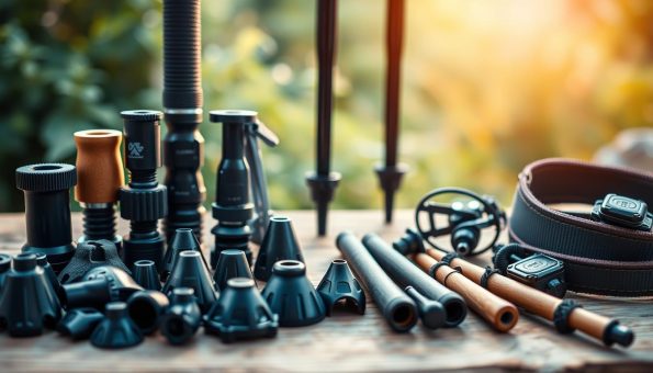 Detailed close-up shot of various hiking pole accessories arranged on a natural wooden surface. In the foreground, a selection of high-quality trekking pole tips, mud baskets, and hand straps in a variety of materials and colors. The middle ground features a pair of adjustable poles with sleek carbon fiber construction, showcasing their modular design and versatility. The background is softly blurred, hinting at a peaceful outdoor setting with lush greenery. Warm, natural lighting casts a subtle glow, emphasizing the rugged yet refined aesthetic of the hiking gear. A sense of thoughtful organization and attention to detail pervades the scene. Detailed close-up shot of various hiking pole accessories arranged on a natural wooden surface. In the foreground, a selection of high-quality trekking pole tips, mud baskets, and hand straps in a variety of materials and colors. The middle ground features a pair of adjustable poles with sleek carbon fiber construction, showcasing their modular design and versatility. The background is softly blurred, hinting at a peaceful outdoor setting with lush greenery. Warm, natural lighting casts a subtle glow, emphasizing the rugged yet refined aesthetic of the hiking gear. A sense of thoughtful organization and attention to detail pervades the scene.