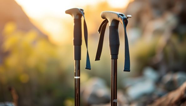 Detailed product comparison of carbon fiber and aluminum trekking poles, showcased against a natural backdrop. Crisp, high-resolution image capturing the poles from multiple angles, highlighting their unique materials, construction, and design elements. Warm, diffused lighting creates a serene, outdoor atmosphere, while clean, uncluttered composition draws focus to the core comparison. Poles arranged side-by-side, with one in the foreground, the other in the middle ground, to accentuate their differences. Smooth, polished surfaces of the carbon fiber pole contrast with the textured, matte finish of the aluminum counterpart. Subtle depth of field blur in the background creates a sense of depth and focus. Detailed product comparison of carbon fiber and aluminum trekking poles, showcased against a natural backdrop. Crisp, high-resolution image capturing the poles from multiple angles, highlighting their unique materials, construction, and design elements. Warm, diffused lighting creates a serene, outdoor atmosphere, while clean, uncluttered composition draws focus to the core comparison. Poles arranged side-by-side, with one in the foreground, the other in the middle ground, to accentuate their differences. Smooth, polished surfaces of the carbon fiber pole contrast with the textured, matte finish of the aluminum counterpart. Subtle depth of field blur in the background creates a sense of depth and focus.
