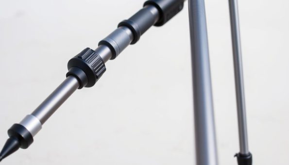 High-quality, close-up photograph of a pair of adjustable trekking poles made of carbon fiber, taken from a low angle with natural lighting. The poles have a metallic silver finish and feature a series of locking mechanisms along the shaft, allowing for easy height adjustment. The grip sections are textured for a secure hold, and the tips have durable carbide points. The poles are set against a plain, slightly blurred background, with a clean, minimalist style to emphasize the technical details and functionality of the design.