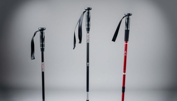 High-quality detailed comparison of trekking poles in a well-lit studio setting. Prominently display three different trekking pole models - FiTiFT 3K Carbon Fiber, a basic aluminum model, and a high-end composite model. Position the poles at various angles to showcase their unique features and construction. Use shallow depth of field to focus attention on the poles. Capture a mixture of close-up and mid-range shots to provide a comprehensive visual assessment. Convey a sense of objective, technical evaluation through the camera angles and lighting. Omit any distracting backgrounds or contextual elements. High-quality detailed comparison of trekking poles in a well-lit studio setting. Prominently display three different trekking pole models - FiTiFT 3K Carbon Fiber, a basic aluminum model, and a high-end composite model. Position the poles at various angles to showcase their unique features and construction. Use shallow depth of field to focus attention on the poles. Capture a mixture of close-up and mid-range shots to provide a comprehensive visual assessment. Convey a sense of objective, technical evaluation through the camera angles and lighting. Omit any distracting backgrounds or contextual elements.