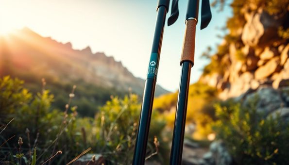 Highly detailed, expertly crafted image of a pair of adjustable trekking poles for hiking. The poles are made of carbon fiber with a quick lock mechanism, and feature ergonomic cork grips. The poles are set against a natural, outdoor backdrop with lush greenery and a rocky, mountainous terrain in the distance. Warm, golden sunlight filters through the scene, creating a sense of adventure and exploration. The image is captured from a low angle, highlighting the technical features and rugged design of the trekking poles. The overall atmosphere conveys the idea of choosing the right equipment for an enjoyable, reliable hiking experience. Highly detailed, expertly crafted image of a pair of adjustable trekking poles for hiking. The poles are made of carbon fiber with a quick lock mechanism, and feature ergonomic cork grips. The poles are set against a natural, outdoor backdrop with lush greenery and a rocky, mountainous terrain in the distance. Warm, golden sunlight filters through the scene, creating a sense of adventure and exploration. The image is captured from a low angle, highlighting the technical features and rugged design of the trekking poles. The overall atmosphere conveys the idea of choosing the right equipment for an enjoyable, reliable hiking experience.
