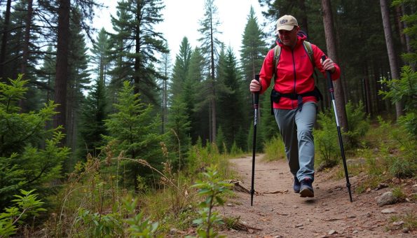 Hiker demonstrating proper trekking pole rhythm and placement on a trail Hiker demonstrating proper trekking pole rhythm and placement on a trail