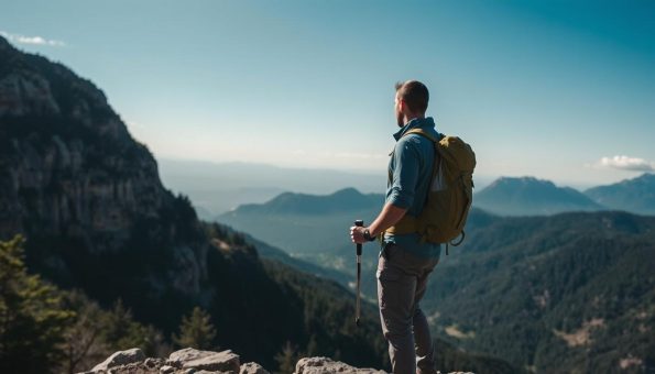 Hiker enjoying a scenic vista with properly used trekking poles Hiker enjoying a scenic vista with properly used trekking poles