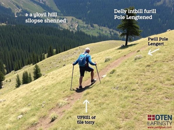Hiker traversing a hillside with one pole shorter than the other Hiker traversing a hillside with one pole shorter than the other
