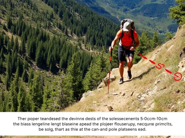 Hiker using lengthened trekking poles while descending a steep trail Hiker using lengthened trekking poles while descending a steep trail