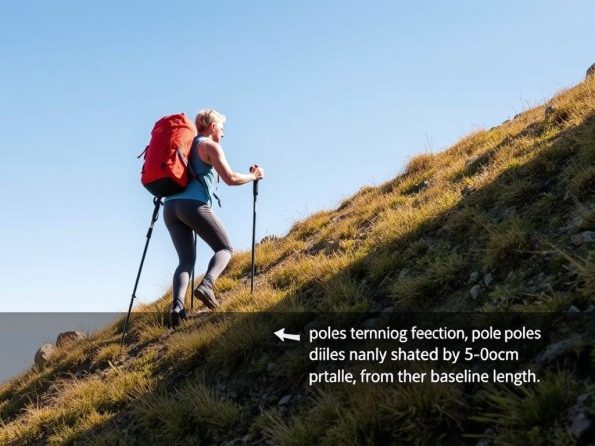 Hiker using shortened trekking poles while ascending a steep trail Hiker using shortened trekking poles while ascending a steep trail
