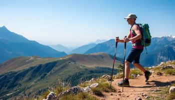 Hiker using trekking poles on a mountain trail demonstrating proper technique