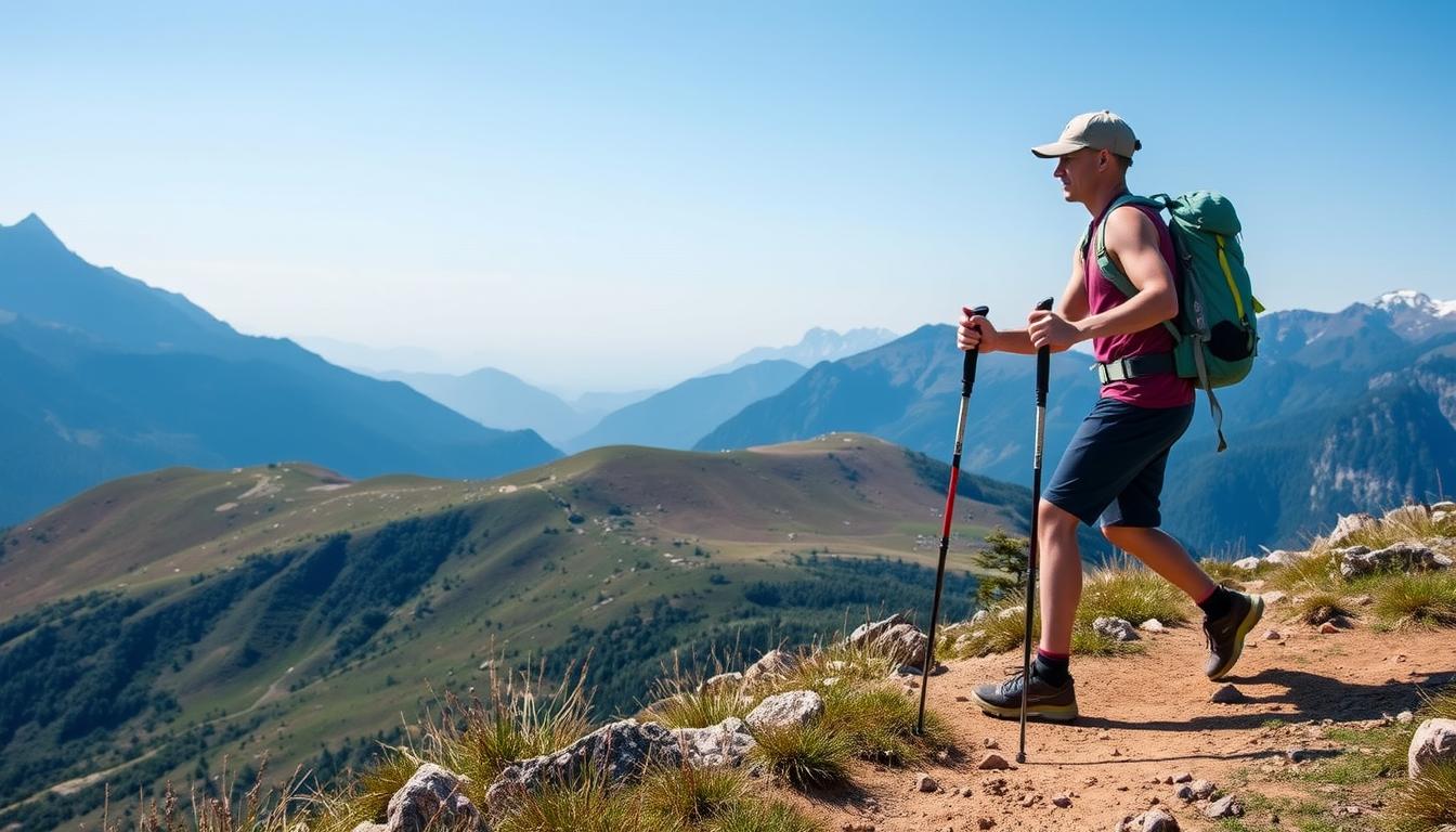 Hiker using trekking poles on a mountain trail demonstrating proper technique