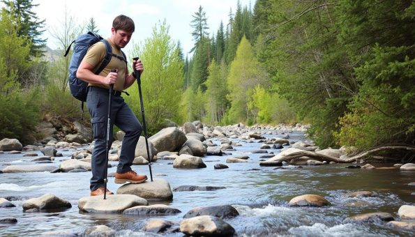 Hiker using trekking poles to cross a stream safely Hiker using trekking poles to cross a stream safely
