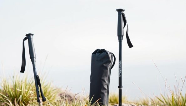 Lightweight carbon fiber hiking poles with a sleek, minimalist storage bag in a crisp, natural setting. The poles have an ergonomic grip and adjustable length, perfect for traversing uneven terrain. Soft, diffused lighting highlights the poles' matte finish and the bag's durable, water-resistant fabric. The scene conveys a sense of outdoor adventure and preparedness, complementing the "Lightweight and Portable Trekking Solutions" theme. The poles and bag are positioned to showcase their compact, travel-friendly design, inviting the viewer to imagine embarking on a hiking excursion. Lightweight carbon fiber hiking poles with a sleek, minimalist storage bag in a crisp, natural setting. The poles have an ergonomic grip and adjustable length, perfect for traversing uneven terrain. Soft, diffused lighting highlights the poles' matte finish and the bag's durable, water-resistant fabric. The scene conveys a sense of outdoor adventure and preparedness, complementing the "Lightweight and Portable Trekking Solutions" theme. The poles and bag are positioned to showcase their compact, travel-friendly design, inviting the viewer to imagine embarking on a hiking excursion.