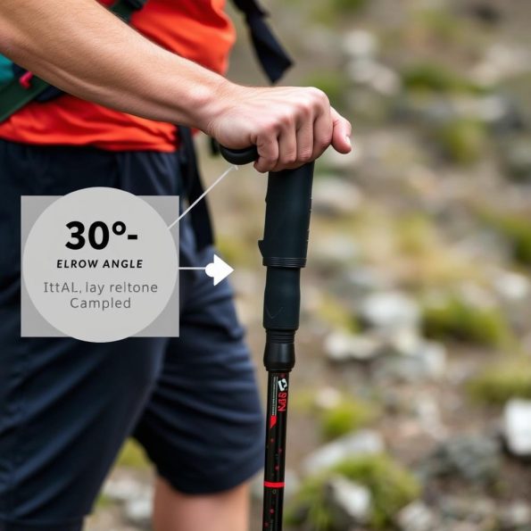 Proper arm position showing 90-degree elbow angle with trekking poles
