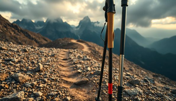 Trekking poles firmly planted on a rugged mountain trail, winding through a dramatic landscape. The foreground showcases the sturdy carbon fiber construction and cork grips, conveying a sense of resilience and comfort. The middle ground features a challenging terrain of loose rocks, uneven steps, and muddy patches, testing the poles' performance. In the background, towering peaks rise against a moody sky, casting dramatic shadows and lending an air of adventure. Warm afternoon lighting illuminates the scene, creating interplay of light and shadow. The overall atmosphere evokes a thrilling, outdoor experience that puts the trekking poles to the ultimate test. Trekking poles firmly planted on a rugged mountain trail, winding through a dramatic landscape. The foreground showcases the sturdy carbon fiber construction and cork grips, conveying a sense of resilience and comfort. The middle ground features a challenging terrain of loose rocks, uneven steps, and muddy patches, testing the poles' performance. In the background, towering peaks rise against a moody sky, casting dramatic shadows and lending an air of adventure. Warm afternoon lighting illuminates the scene, creating interplay of light and shadow. The overall atmosphere evokes a thrilling, outdoor experience that puts the trekking poles to the ultimate test.