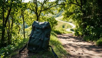 A hiker's backpack rests on a worn hiking trail, surrounded by lush, verdant foliage. The backpack is a sturdy, weathered design with multiple compartments and straps, ready to carry the essentials for a day's trek. Dappled sunlight filters through the canopy of trees, casting a warm, natural glow over the scene. In the distance, a winding path disappears into the rolling hills, inviting the viewer to embark on their own outdoor adventure. The overall atmosphere is one of peaceful exploration, where the backpack represents the tools and gear necessary to safely and comfortably enjoy the great outdoors.