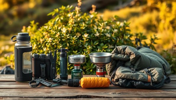 A visually striking still life scene showcasing a curated collection of high-quality FiTiFT backpacking gear. The foreground features an assortment of essential items neatly arranged on a wooden surface, including a rugged water bottle, a multi-tool, a compact camp stove, and an ultra-lightweight sleeping bag. The middle ground is adorned with lush greenery, hinting at the natural setting these items are designed for. The background is bathed in warm, golden light, evoking a sense of adventure and exploration. The overall composition is clean, well-balanced, and visually appealing, capturing the versatility and reliability of the FiTiFT gear.