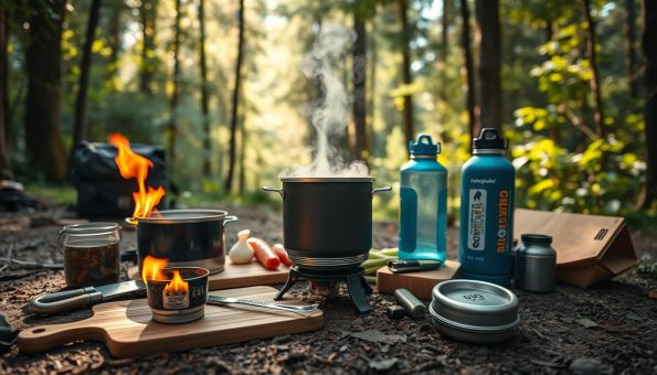 An idyllic outdoor scene of a backpacker's trail cooking and hydration setup. In the foreground, a compact camp stove flames as a pot of steaming liquid simmers. Surrounding it, essential cooking tools and durable, reusable water bottles. The middle ground features a wooden cutting board, fresh ingredients, and a small mess kit. In the background, a lush forest backdrop with dappled sunlight filtering through the canopy, conveying a sense of tranquility. The overall mood is one of self-reliance, sustainability, and a deep connection to the natural world. Captured with a wide-angle lens to showcase the full setup, the image has a warm, earthy color palette complementing the scene.