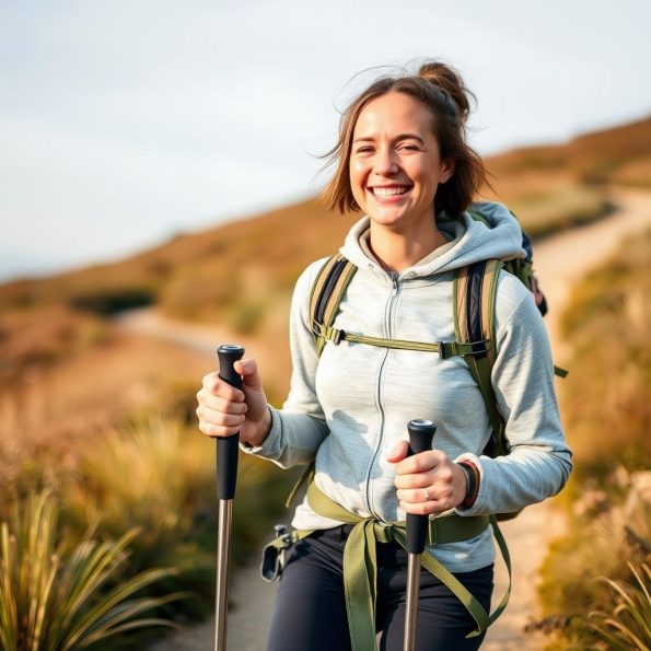 Beginner hiker using aluminum trekking poles on a gentle trail showing best material for trekking poles for beginners