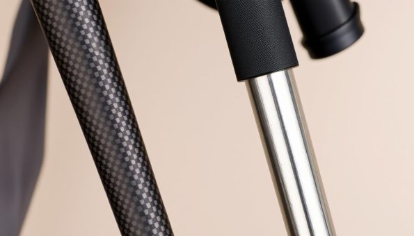 Close-up comparison of carbon fiber and aluminum trail running poles showing material differences