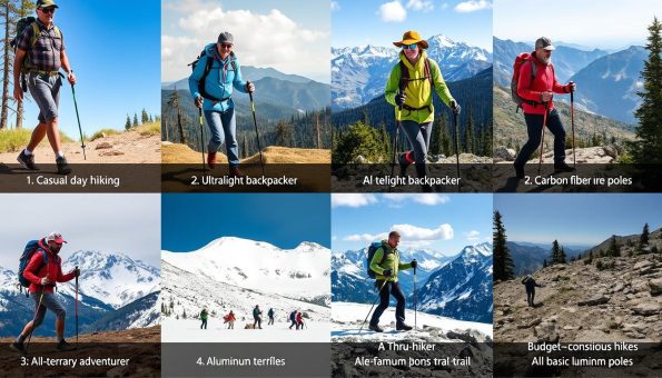 Different hikers using various trekking pole materials showing best material for trekking poles for different user types Different hikers using various trekking pole materials showing best material for trekking poles for different user types