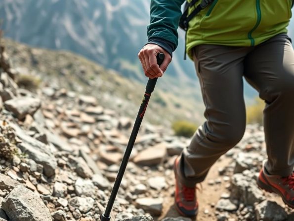 Hiker using trekking poles on rocky terrain demonstrating why best material for trekking poles matters Hiker using trekking poles on rocky terrain demonstrating why best material for trekking poles matters