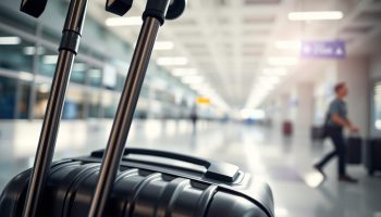 Poles carry-on luggage: a detailed close-up view under bright, directional lighting, captured with a wide-angle lens to emphasize the scale and physicality of the scene. The foreground features a pair of sturdy hiking poles, their metallic surfaces reflecting the light, juxtaposed against a soft, blurred background of an airport terminal. The middle ground showcases a carry-on suitcase, its hard plastic shell and telescoping handle creating a visual counterpoint to the poles. The overall mood is one of functionality and practicality, hinting at the challenges travelers face when navigating airline policies around specialized equipment.