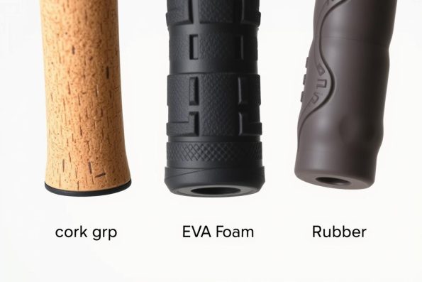 Three different trail running pole grip types: cork, foam, and rubber with visible texture differences