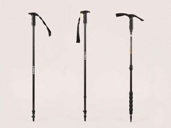 Three types of trail running poles: fixed, adjustable, and folding models displayed side by side