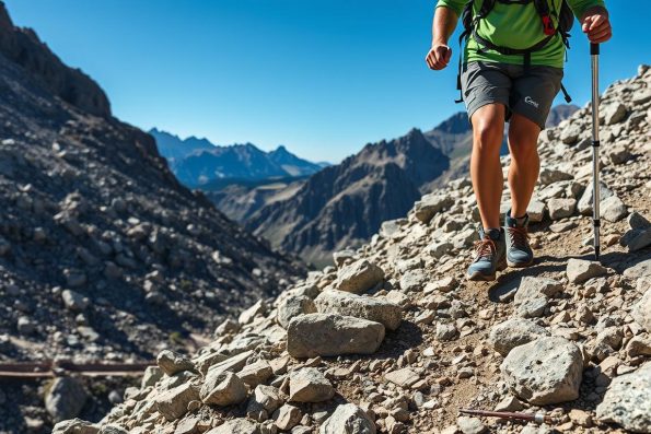Titanium trekking poles being tested on rugged terrain showing best material for trekking poles durability Titanium trekking poles being tested on rugged terrain showing best material for trekking poles durability