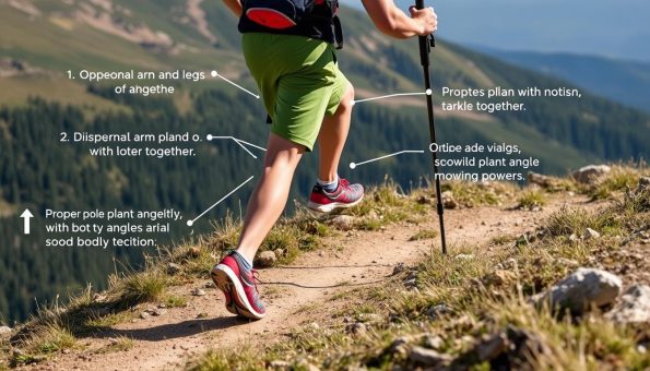 Trail runner demonstrating proper pole technique on an uphill section