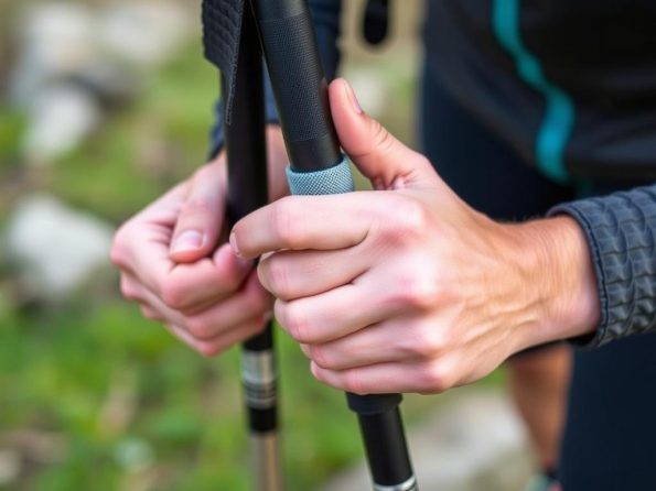 Trail runner demonstrating proper wrist strap technique with trail running poles