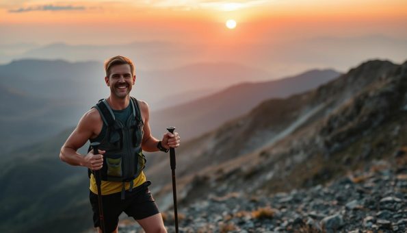 Trail runner enjoying a mountain summit with trail running poles in hand