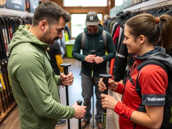 Trail runner examining and testing poles before a purchase decision