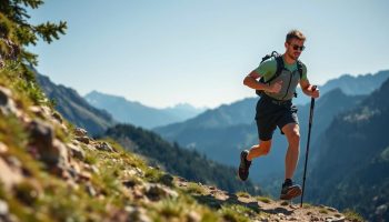 Trail runner using poles on a steep mountain trail showing how to choose poles for trail running