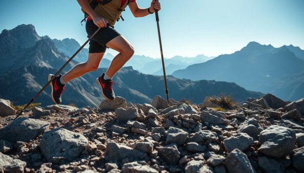 Trail runner using poles on technical rocky terrain during a mountain race