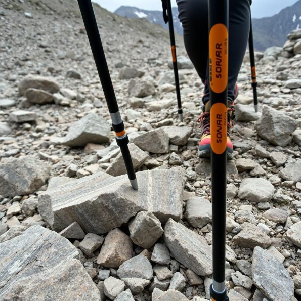 Trekking poles navigating rocky terrain showing best material for trekking poles in technical conditions