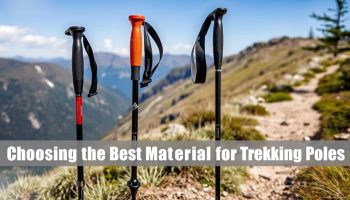 Various trekking poles made of different materials displayed on a mountain trail with best material for trekking poles text overlay