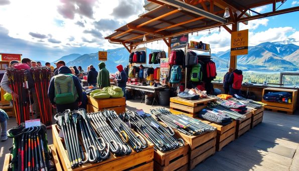 A bustling outdoor gear market, illuminated by warm sunlight filtering through clouds. In the foreground, an array of trekking poles, carabiners, and other adventure essentials are displayed on wooden crates, their price tags and labels visible. The middle ground showcases a variety of backpacks, sleeping bags, and technical apparel, arranged in a visually appealing manner. In the background, a panoramic view of lush, mountainous terrain, hinting at the adventures these products facilitate. The scene conveys a sense of quality, value, and the growing demand for high-performance outdoor equipment. A bustling outdoor gear market, illuminated by warm sunlight filtering through clouds. In the foreground, an array of trekking poles, carabiners, and other adventure essentials are displayed on wooden crates, their price tags and labels visible. The middle ground showcases a variety of backpacks, sleeping bags, and technical apparel, arranged in a visually appealing manner. In the background, a panoramic view of lush, mountainous terrain, hinting at the adventures these products facilitate. The scene conveys a sense of quality, value, and the growing demand for high-performance outdoor equipment.