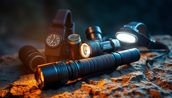 A collection of advanced, multifunctional flashlights resting on a rugged, textured surface. In the foreground, a tactical flashlight with adjustable brightness and multiple beam settings casts a warm, focused beam. Beside it, a compact, waterproof model with a built-in compass and emergency strobe function. In the middle ground, a large, heavy-duty flashlight with a pivoting head and a power bank for charging mobile devices. In the background, a sleek, ultra-bright headlamp with a rechargeable battery and motion-activated sensor. Subtle ambient lighting illuminates the scene, creating a sense of durability, versatility, and preparedness for any outdoor adventure. A collection of advanced, multifunctional flashlights resting on a rugged, textured surface. In the foreground, a tactical flashlight with adjustable brightness and multiple beam settings casts a warm, focused beam. Beside it, a compact, waterproof model with a built-in compass and emergency strobe function. In the middle ground, a large, heavy-duty flashlight with a pivoting head and a power bank for charging mobile devices. In the background, a sleek, ultra-bright headlamp with a rechargeable battery and motion-activated sensor. Subtle ambient lighting illuminates the scene, creating a sense of durability, versatility, and preparedness for any outdoor adventure.